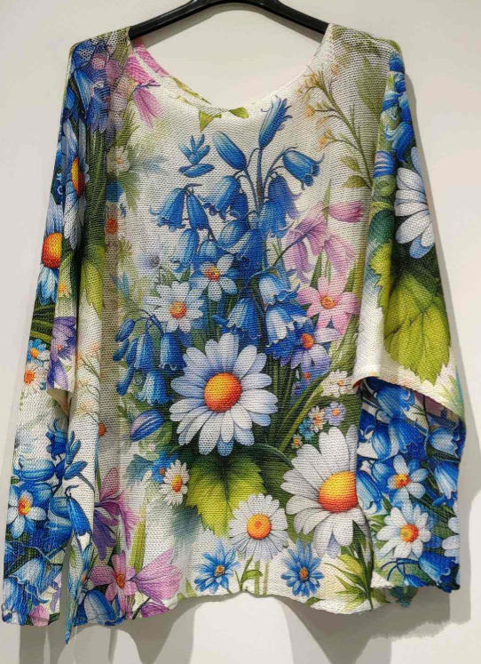 POMAR Blue Daisy Round Knit Printed Sweater LOOWIE