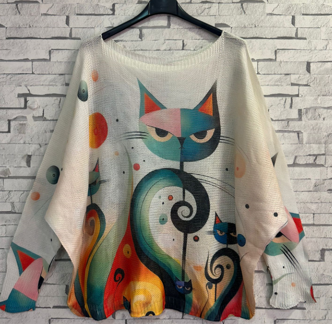 Z760 Cream Cat Round Knit Printed Sweater LOOWIE