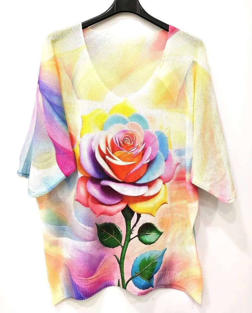 R213 Rose Yellow  V-Neck Knit Printed Short Sleeves Sweater