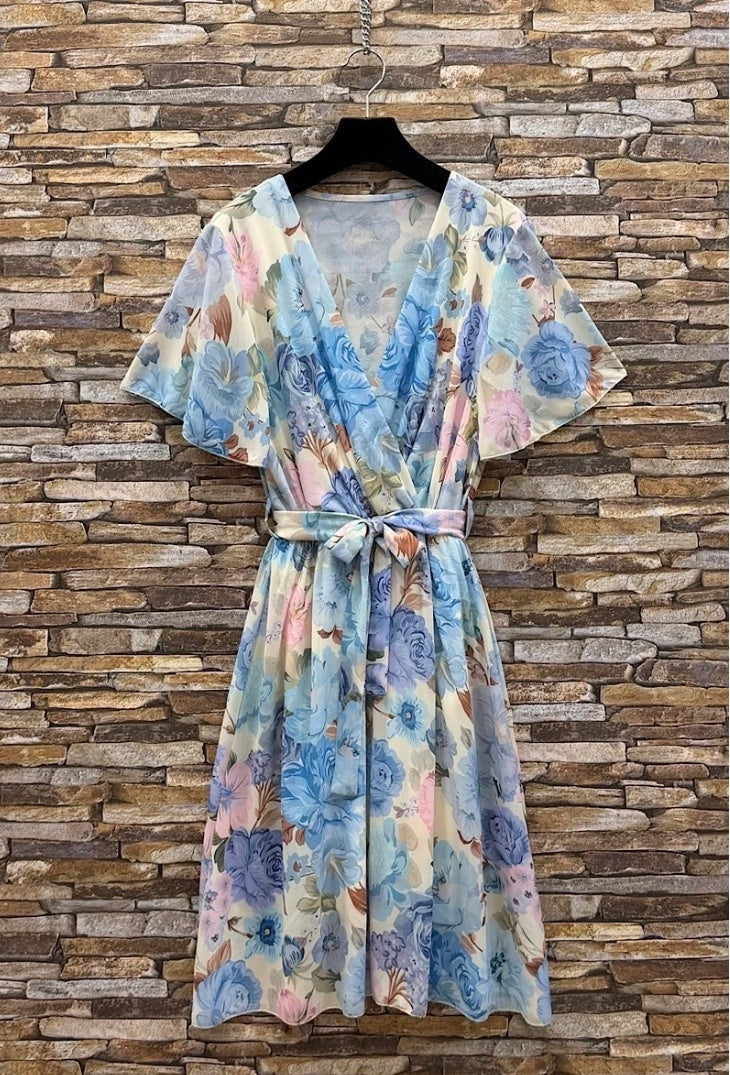 ESWMDBWF Italian OS Wrap Mini Dress Blue Watercolor Floral
