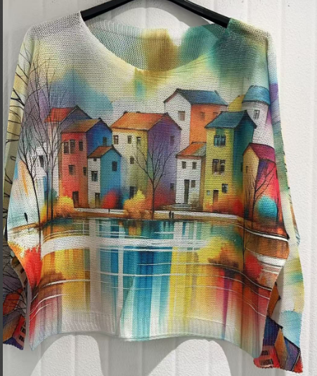 COHOU White Houses Round Knit Printed Sweater LOOWIE