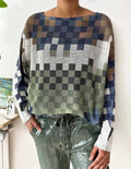 190 One Size Olive Checks Printed Knitted Sweater LOOWIE