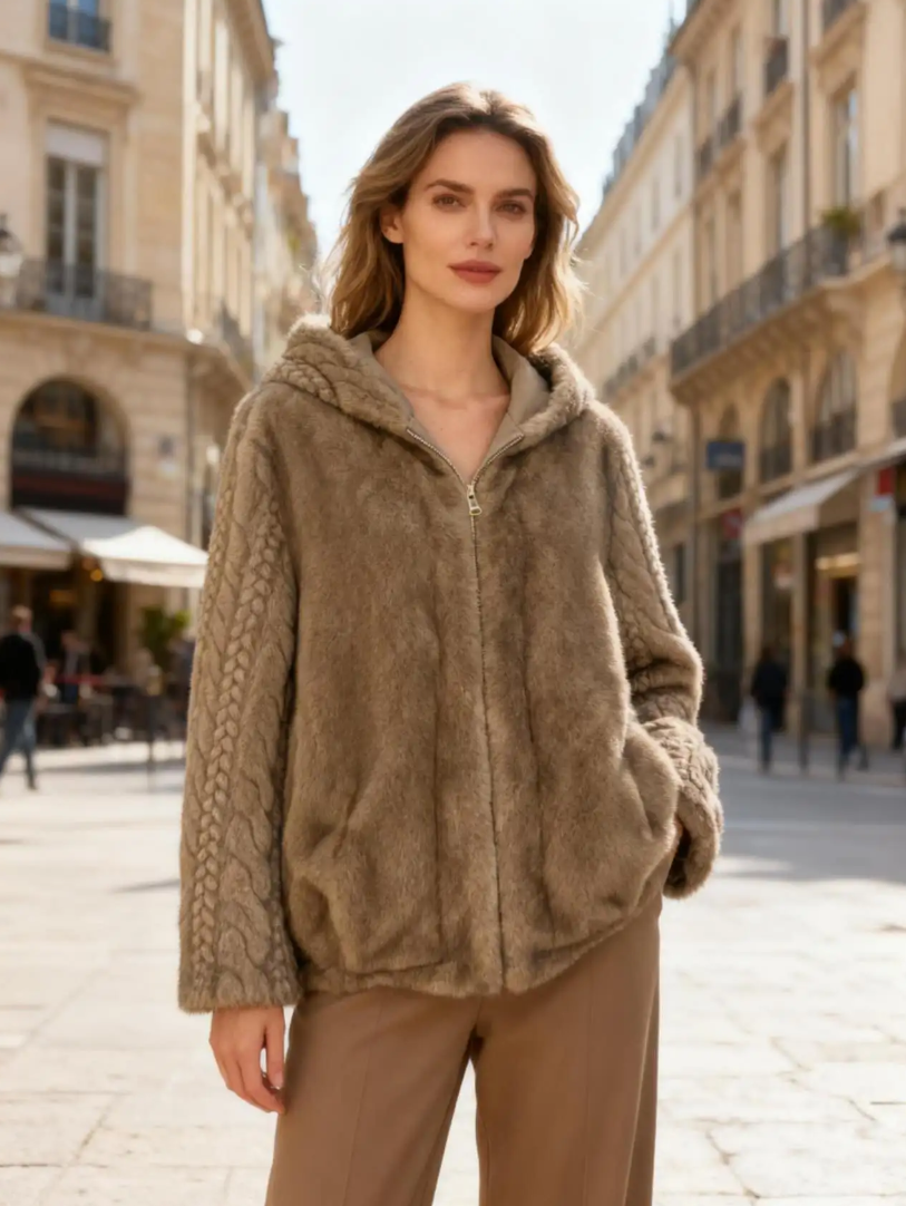 MCZJC One Size Camel Cable-Detail Hooded Faux Fur Zip Jacket