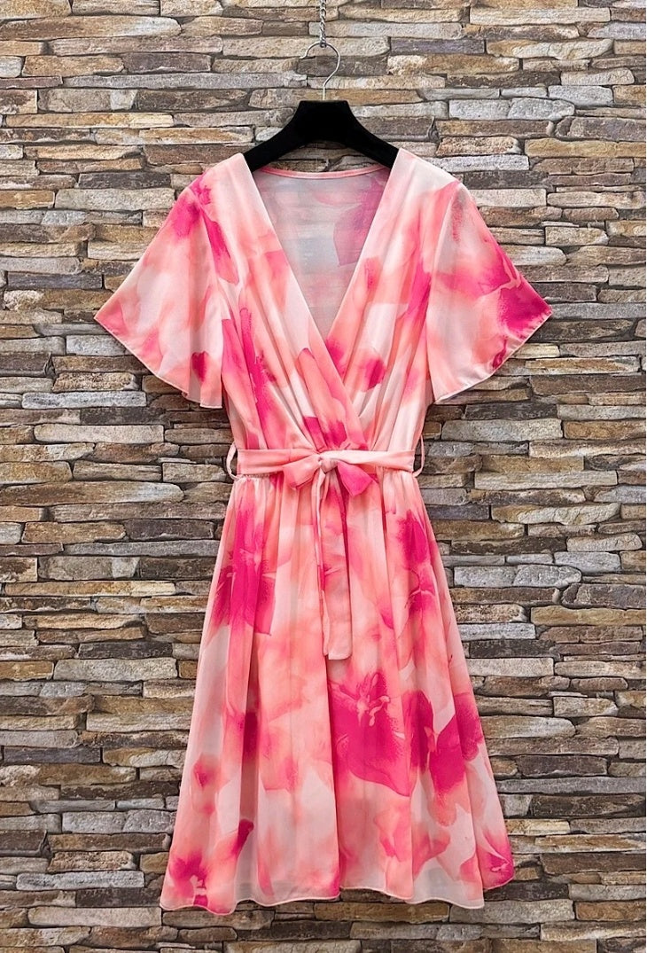 ESWMDHPTD Italian OS Wrap Mini Dress Hot Pink Tie Dye