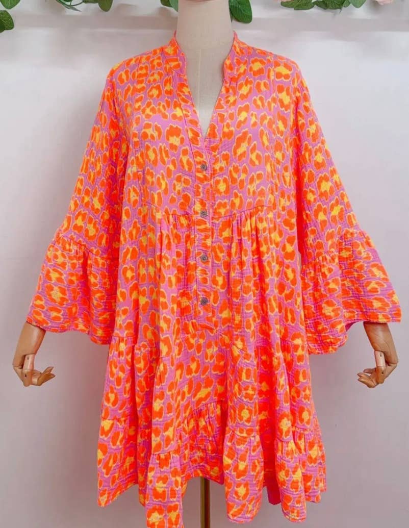 SVO25 Orange One Size Italian Leopard Short Printed Dress