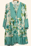 9802VG Blue Floral and Gingham Tiered Dress LOOWIE