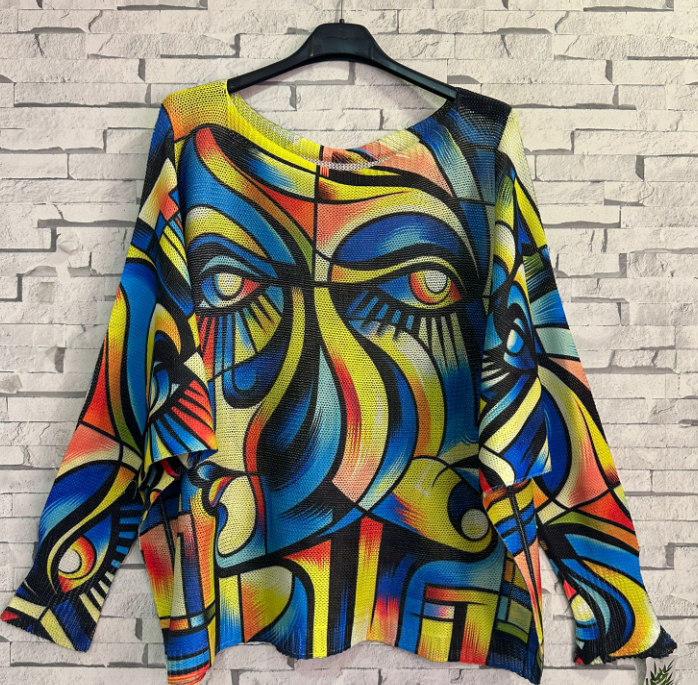 Z59 Blue "Picasso"  Round Knit Printed Sweater LOOWIE