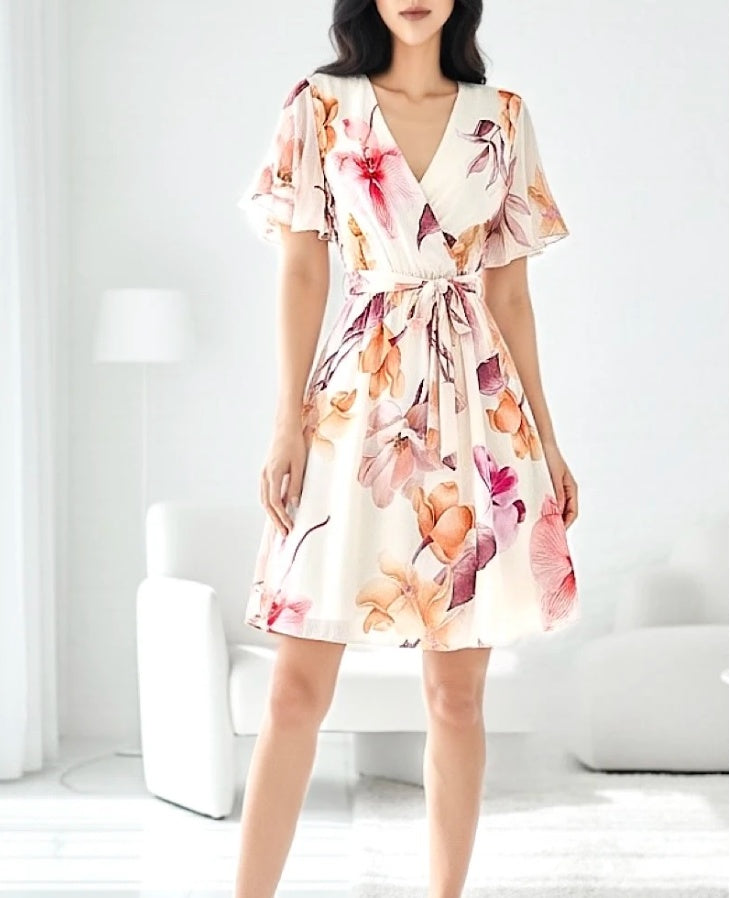 ESWMDCOF Italian OS Wrap Mini Dress Cream Orchid Floral