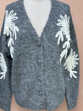 IA92 Dark Gray Floral Embroidered Cozy Cardigan Sweater