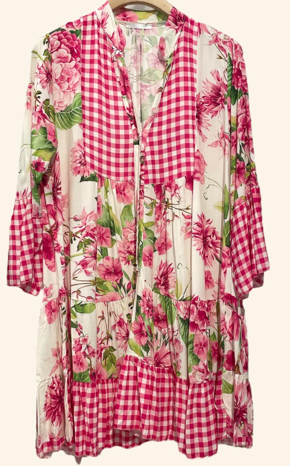 9802VP Pink Floral and Gingham Tiered Dress LOOWIE