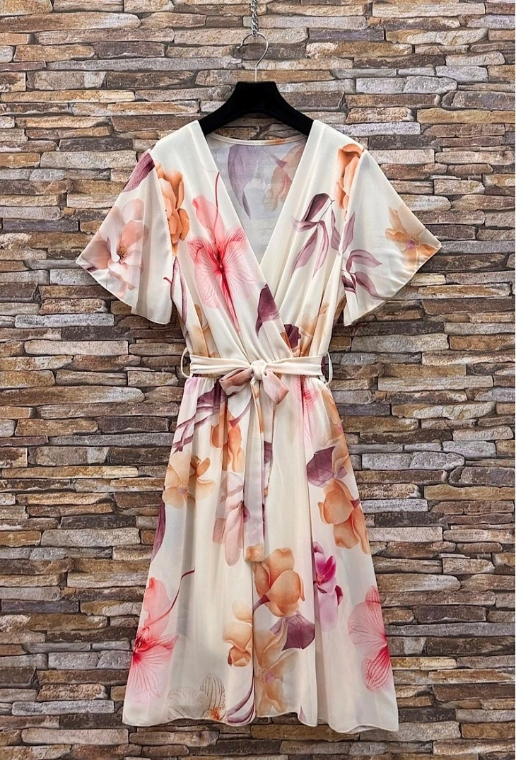 ESWMDCOF Italian OS Wrap Mini Dress Cream Orchid Floral