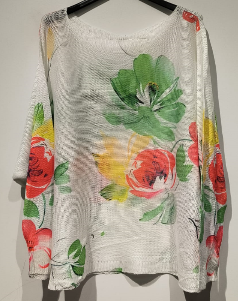 POFLGR White Floral Round Knit Printed Sweater LOOWIE
