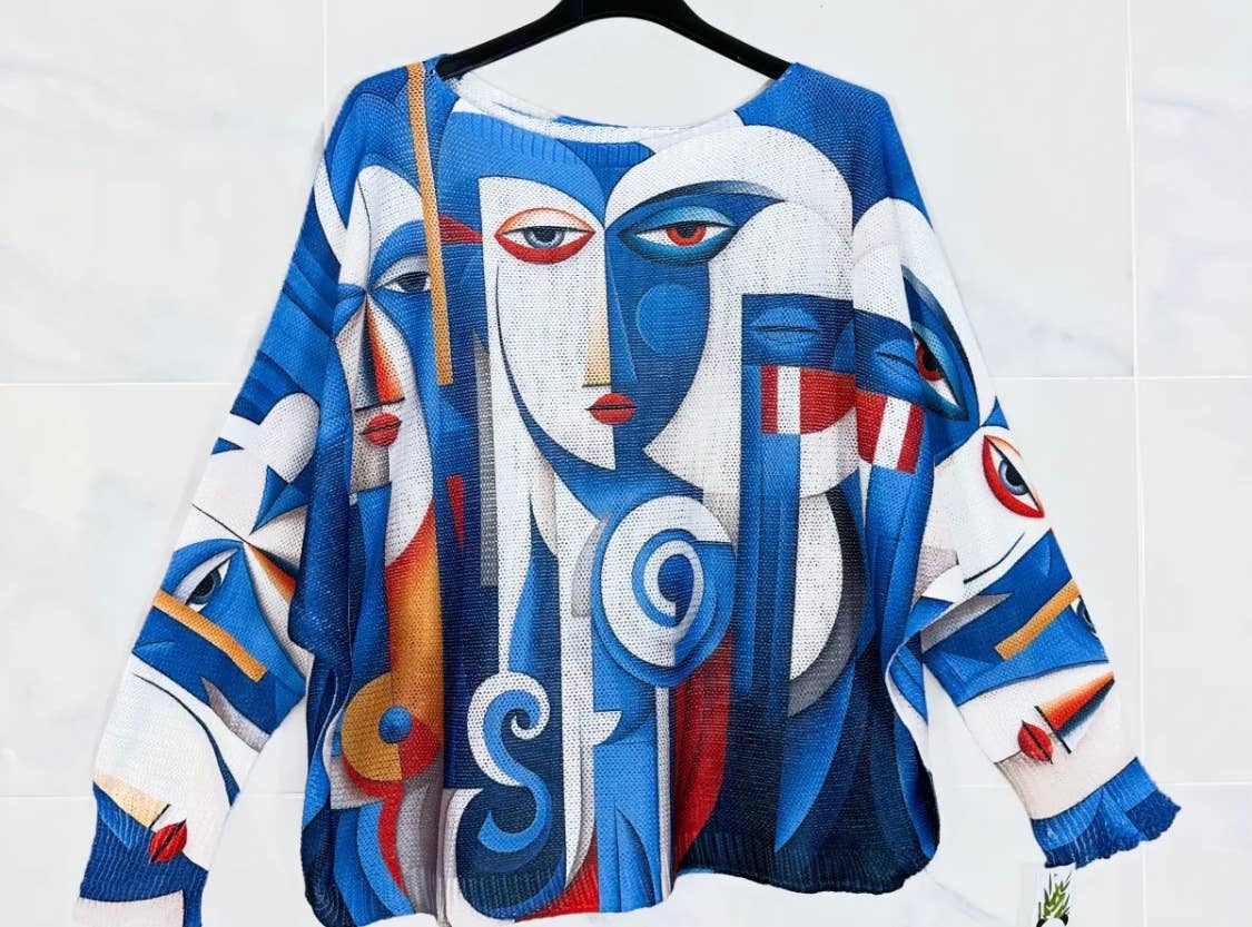 Z2001 Blue " Picasso" Knit Printed Sweater Long Sleeves