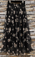 E831 One Size Black Tulle Skirt with Beige Floral Print