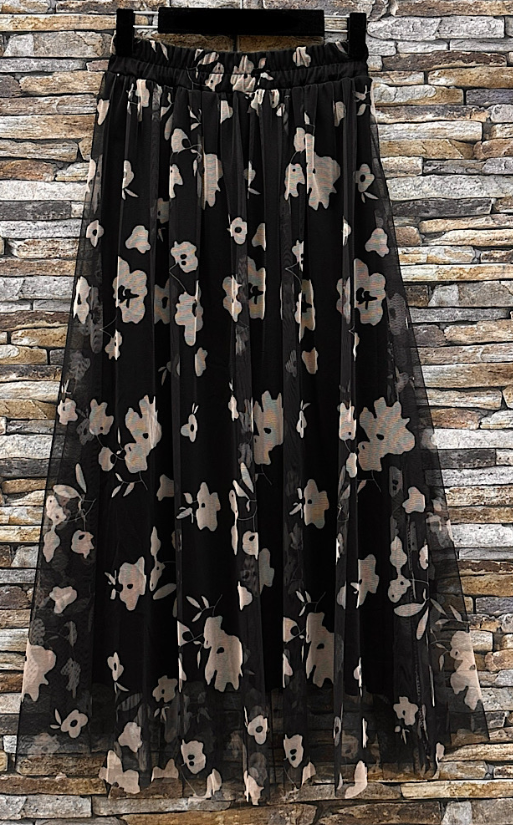 E831 One Size Black Tulle Skirt with Beige Floral Print