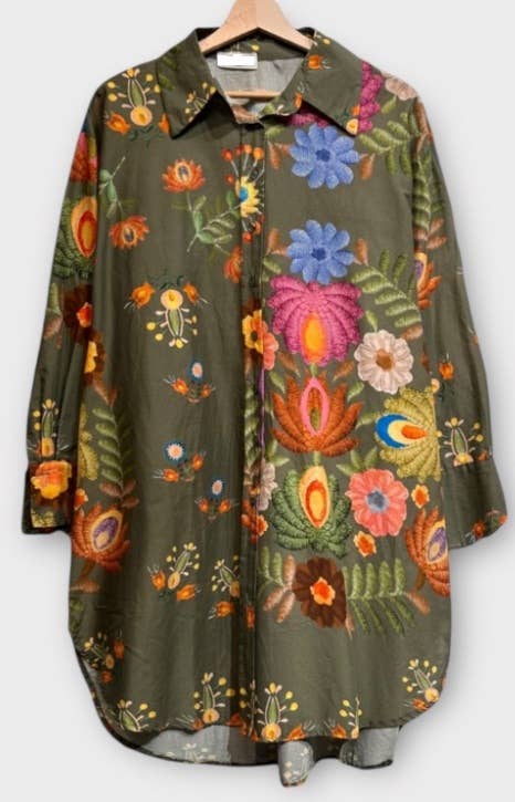 OF33O Italian Cotton Olive Floral Oversized Button Shirt