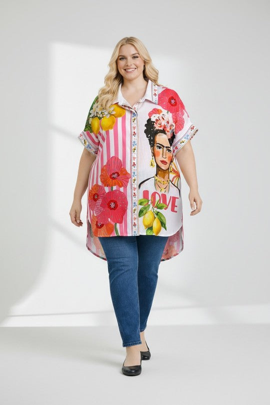 EFPSLB2 Plus Size Printed Linen Blouse