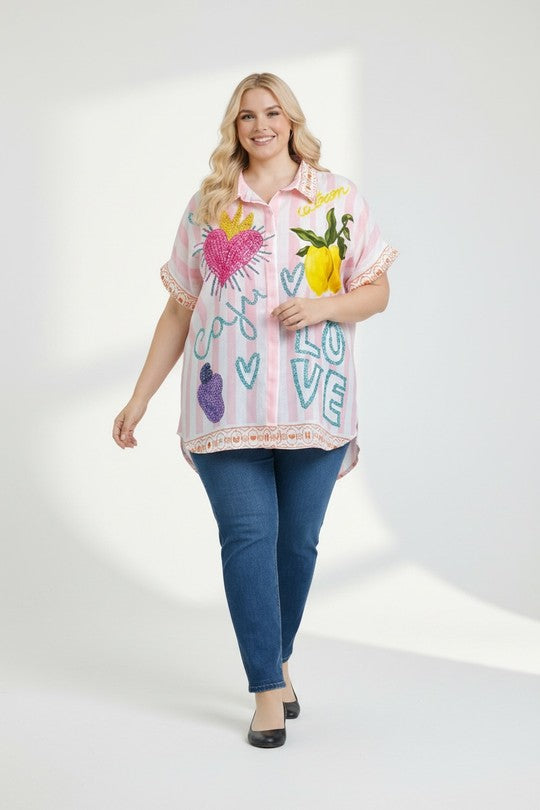 EFPSLB3 Plus Size Printed Linen Blouse