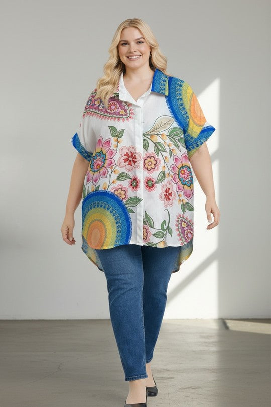 EFPSLB7 Plus Size Printed Linen Blouse