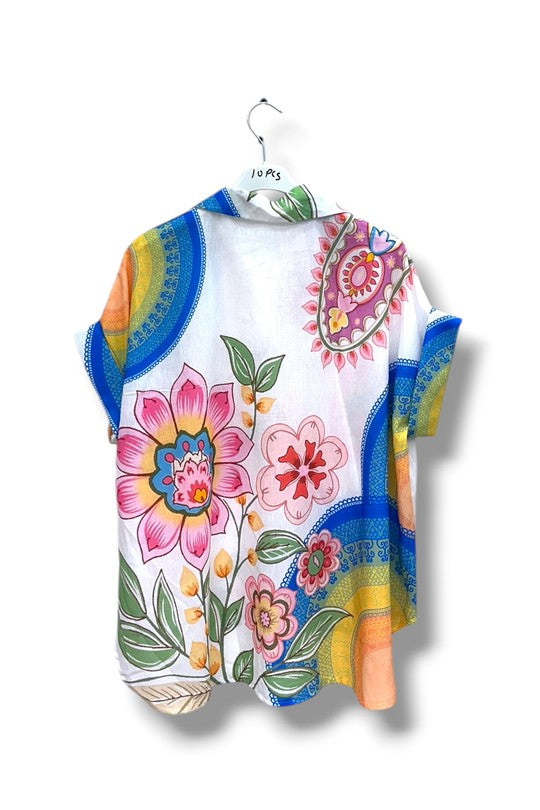 EFPSLB7 Plus Size Printed Linen Blouse
