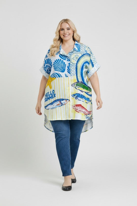 EFPSLB8 Plus Size Printed Linen Blouse