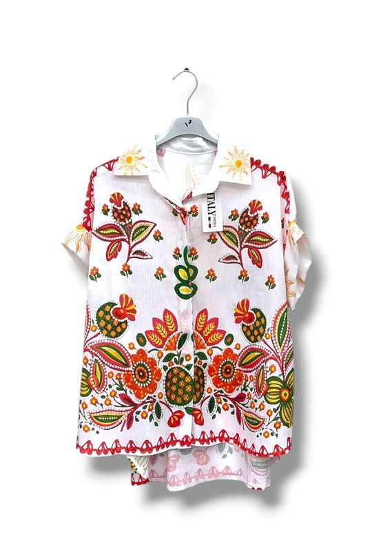 EFPSLB10 Plus Size Printed Linen Blouse