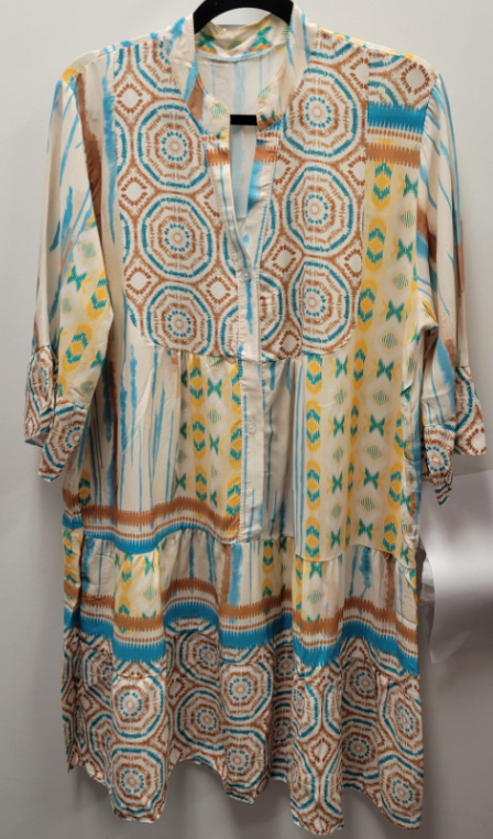 9802-17 Beige One Size Italian Geometric Short Printed Dress