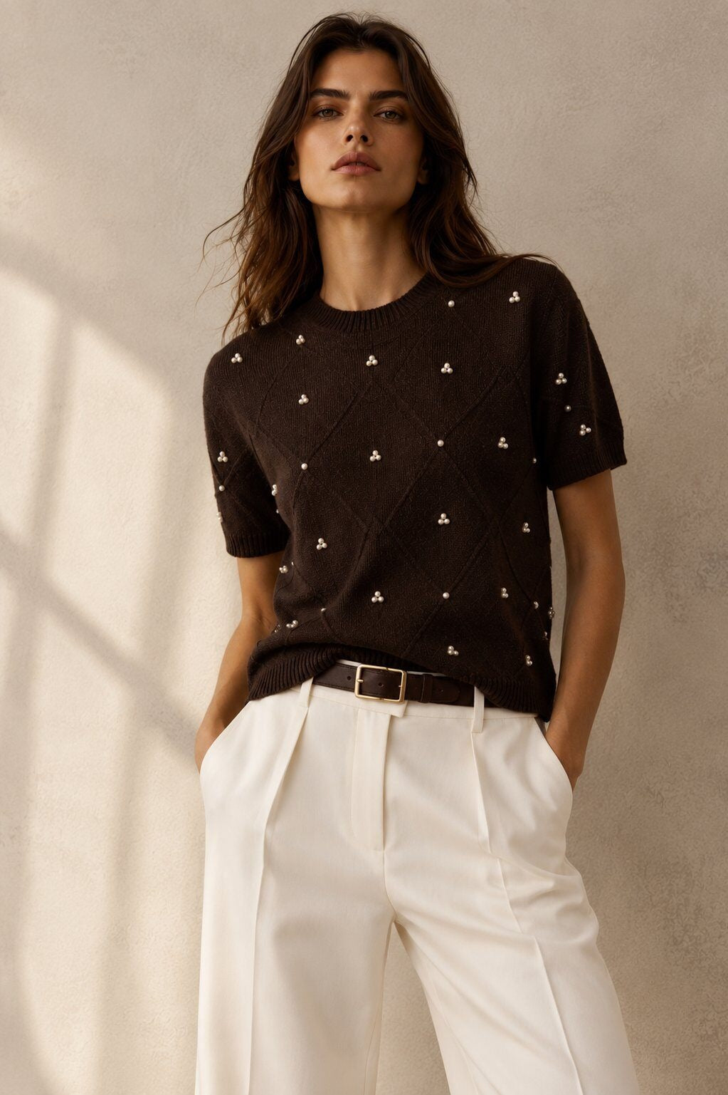 LUBDS1 Dark Brown Beaded Diamond Sweater