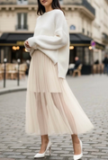 ELLSBE Italian One Size Beige Layered Sheer Tulle Midi Skirt