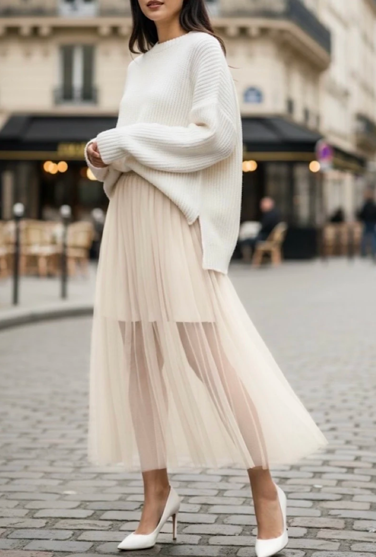 ELLSBE Italian One Size Beige Layered Sheer Tulle Midi Skirt