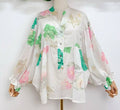 SV32 White Green Italian Floral Cotton Blouse Button Shirt