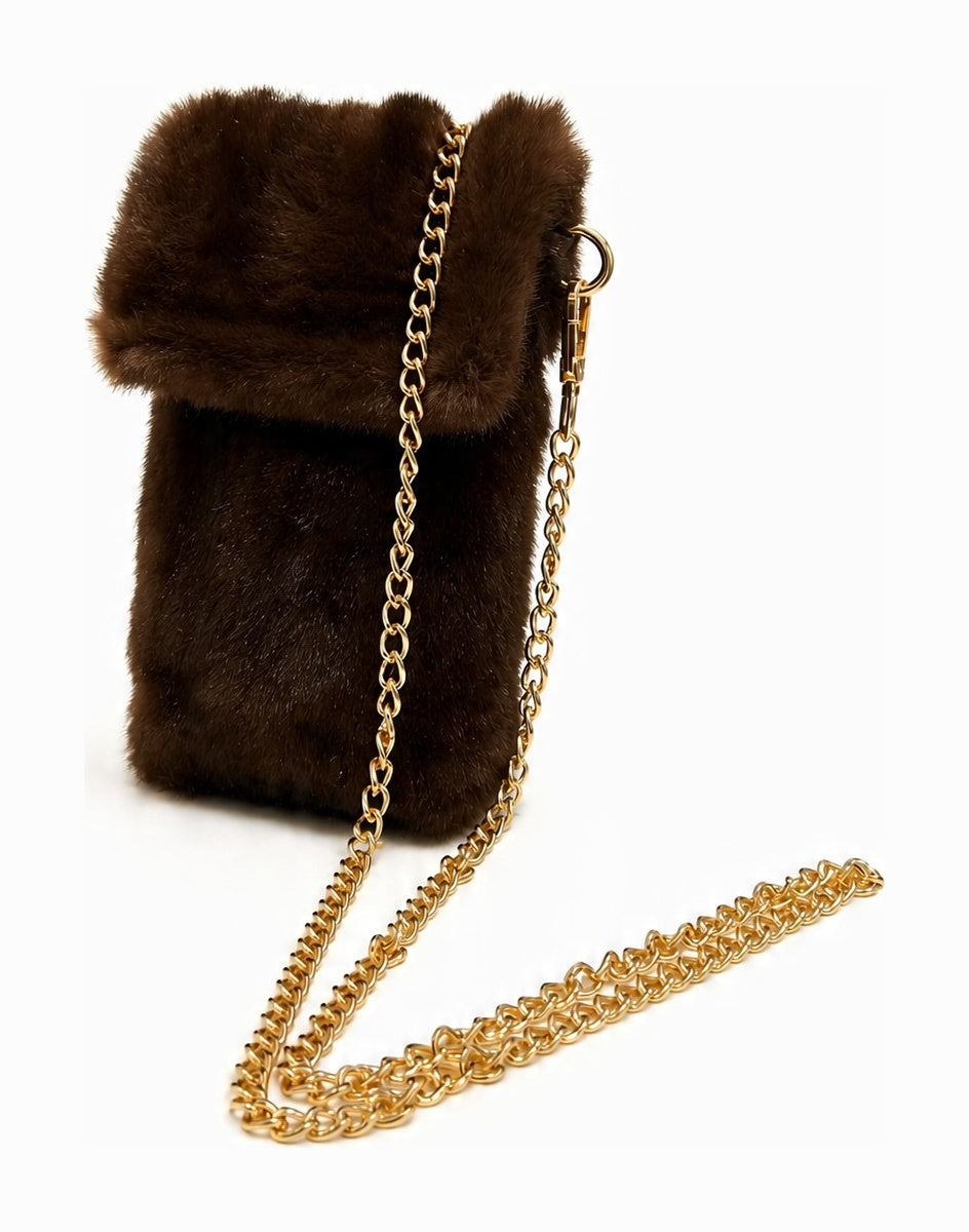 JA431 Brown Faux Fur Chain Phone Bag