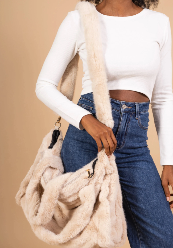 MCFBBE Beige Faux Fur Fun Bag with Double Handle