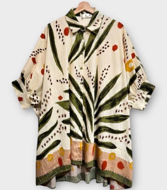 OF08O Italian Olive Oversized Button Shirt 3/4 Sleeves LOOWE