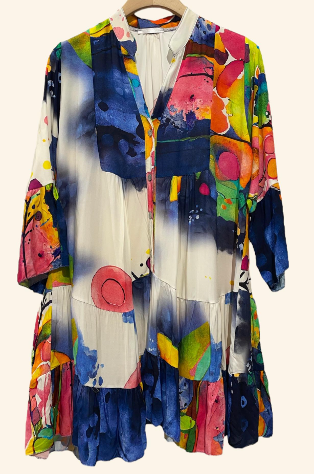9802MPB Blue Abstract Vibrant Colorful Print Dress LOOWIE