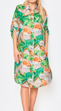 CIR201B Brown Silk Blend Tropical Collared Shirt Dress