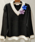 MC205 Black Soft Comfy 3D Floral Sweater V-Neck LOOWIE