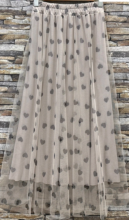 EL125HB Beige Sheer Overlay Heart Print  Maxi Skirt