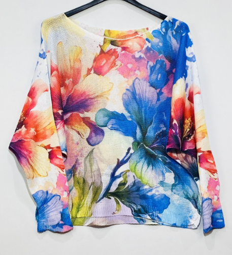 501 Beige Blue Floral Round Knit Printed Sweater LOOWIE