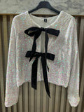 VISEQW Italian One Size Sequin Bow-Tie Cardigan White