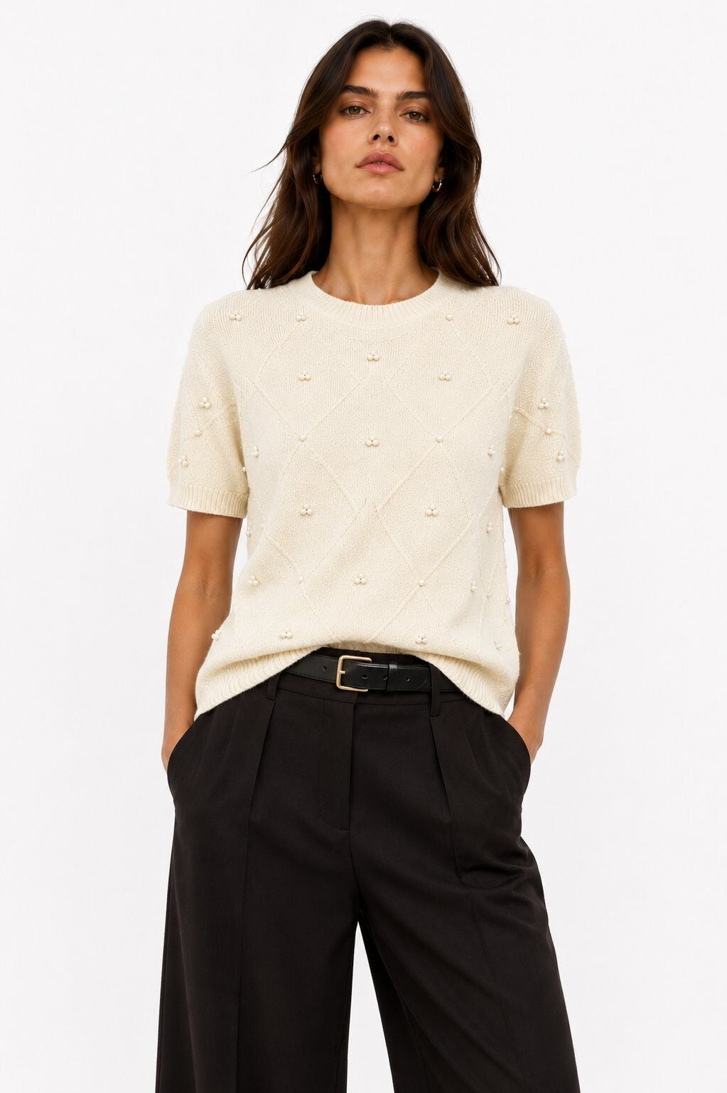 LUBDS4 White Beaded Diamond Sweater