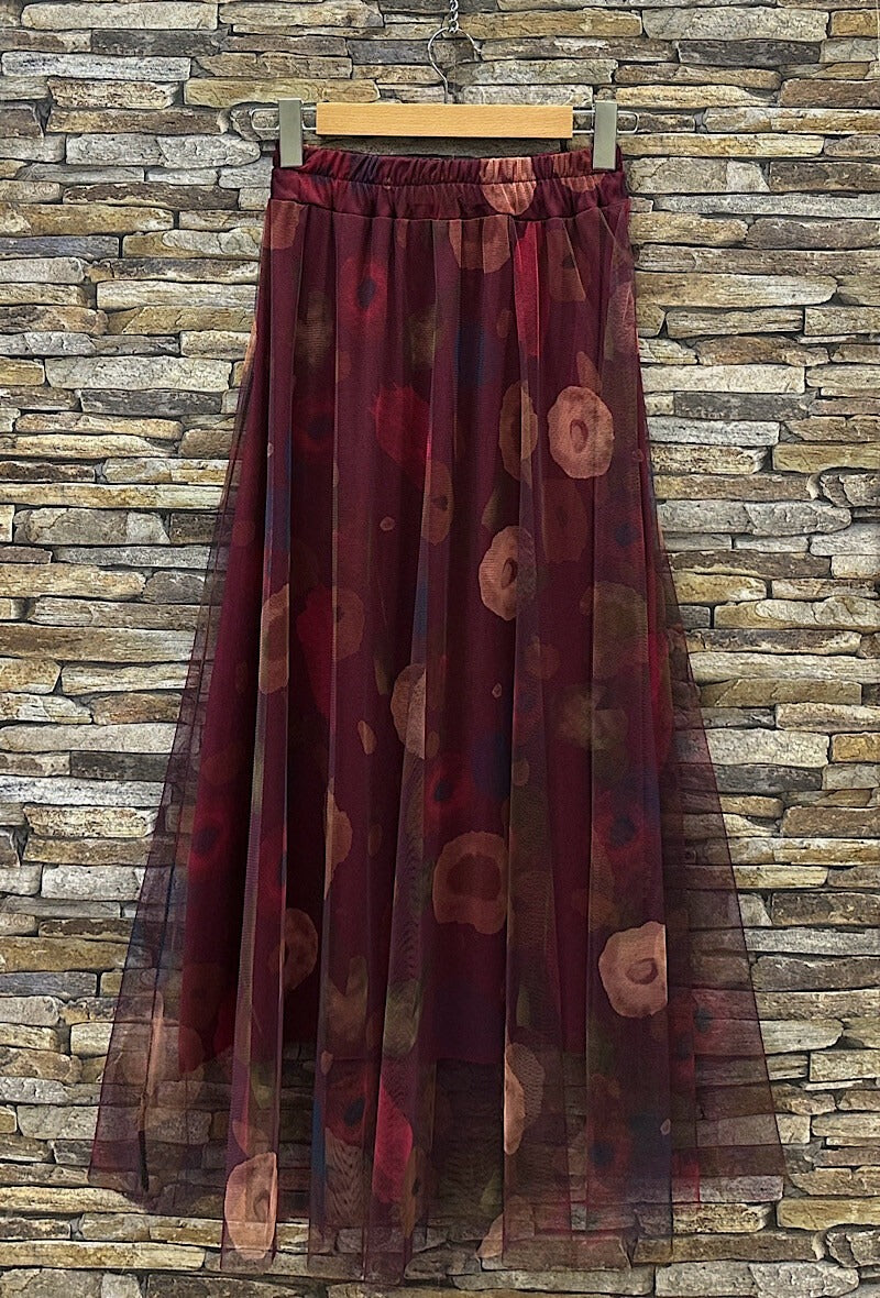 ELAR13 Burgundy Abstract Floral Skirt