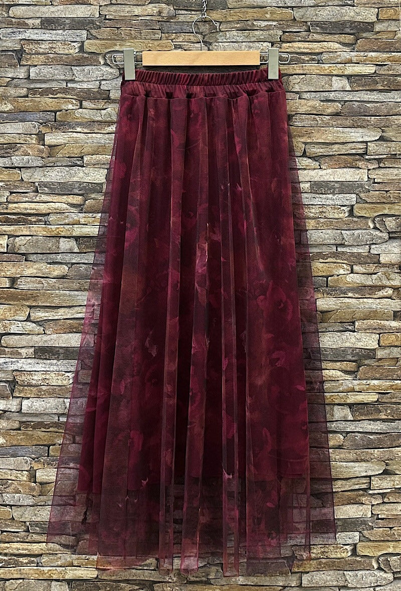 ELAR7 Burgundy Floral Print Skirt