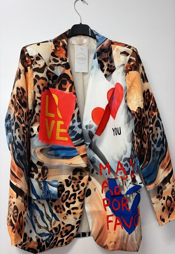 VI648 Blue Orange Love Star Printed Blazer