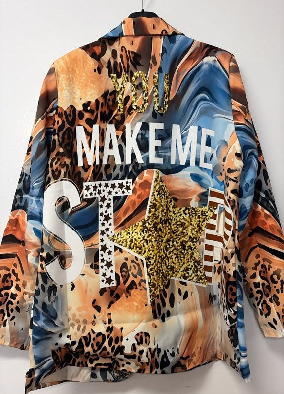 VI648 Blue Orange Love Star Printed Blazer
