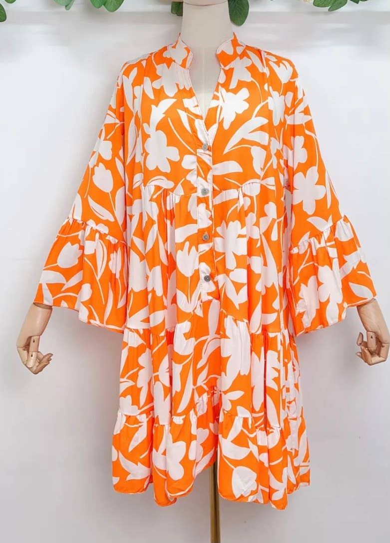 SVI7 Orange One Size Italian Floral Short Printed Dress