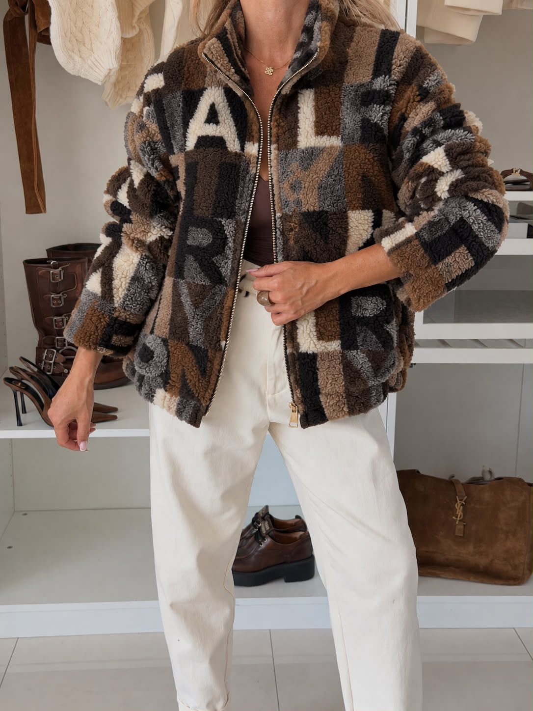 SWTJ5 Brown Letter Print Teddy Jacket