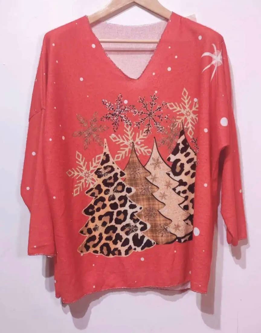 PO10 Italian Cozy Red  Trees Sweater One Size LOOWIE