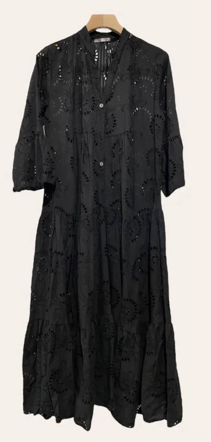 681 Black One Size Cotton English Embroidery Long Dress