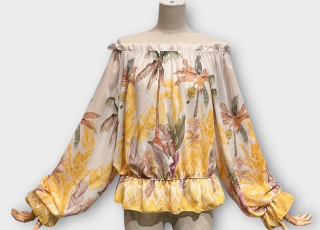 LFBY Italian Off  Shoulder Yellow tropical Printed Blouse